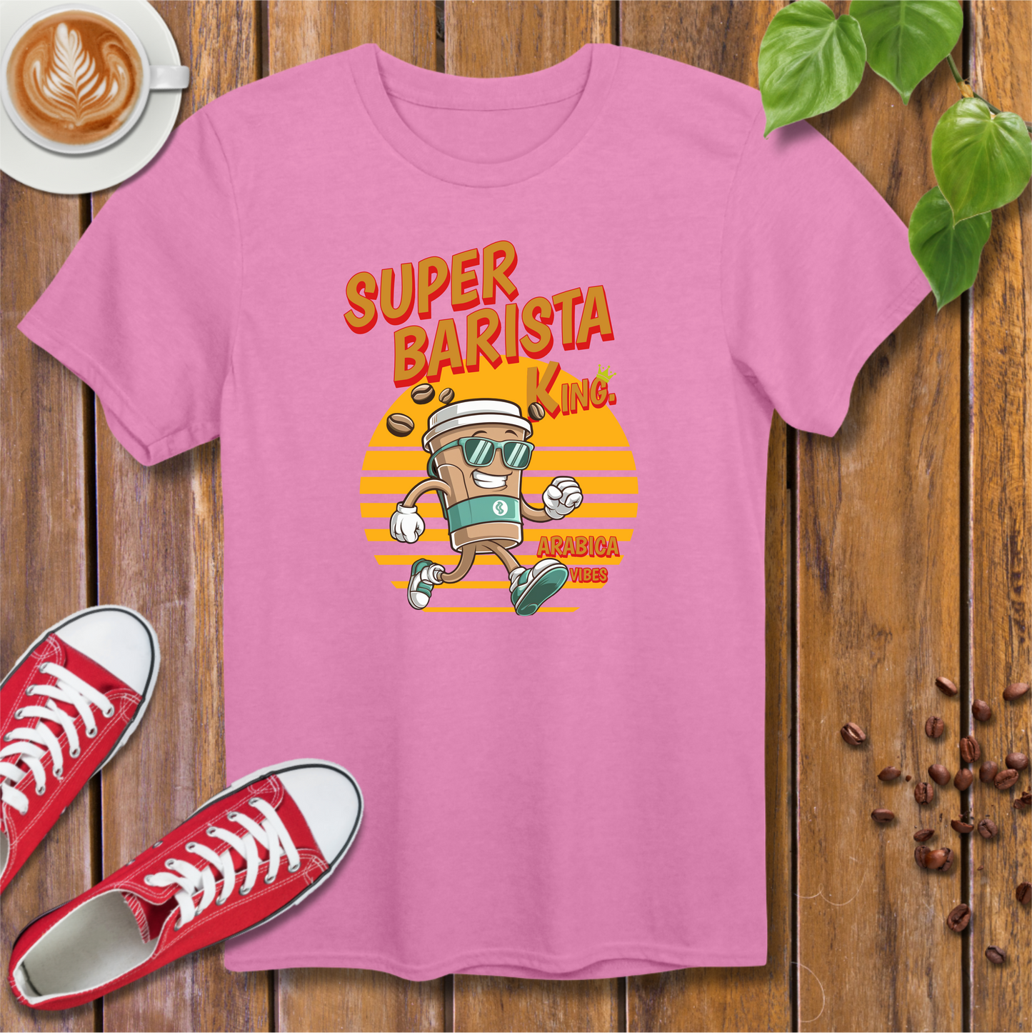 Vintage Style Coffee Cup Running Character T-Shirt – Cartoon Style, Fun Design