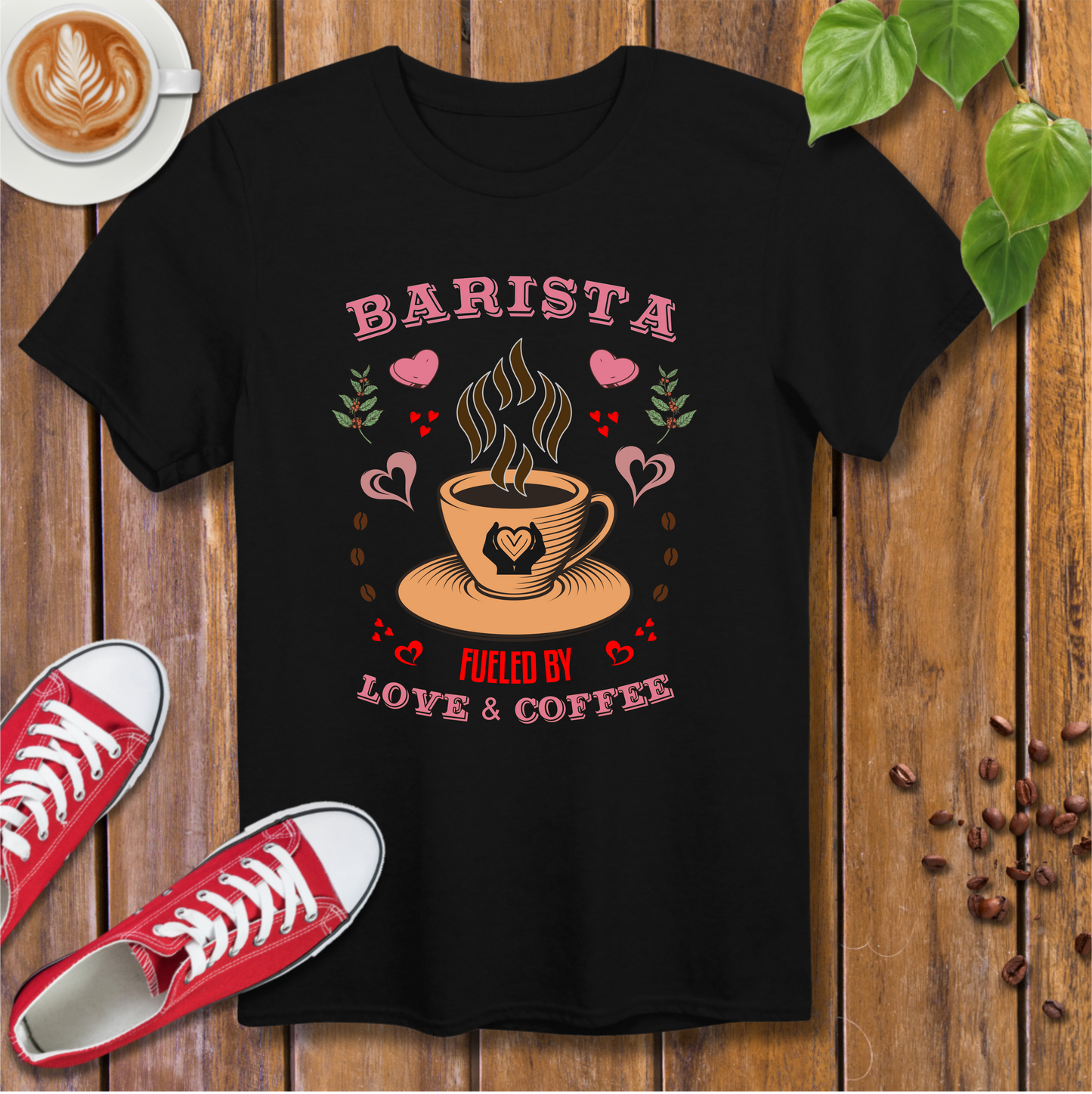 Barista T-Shirt - Fueled by Love & Coffee with Hearts and Beans Design