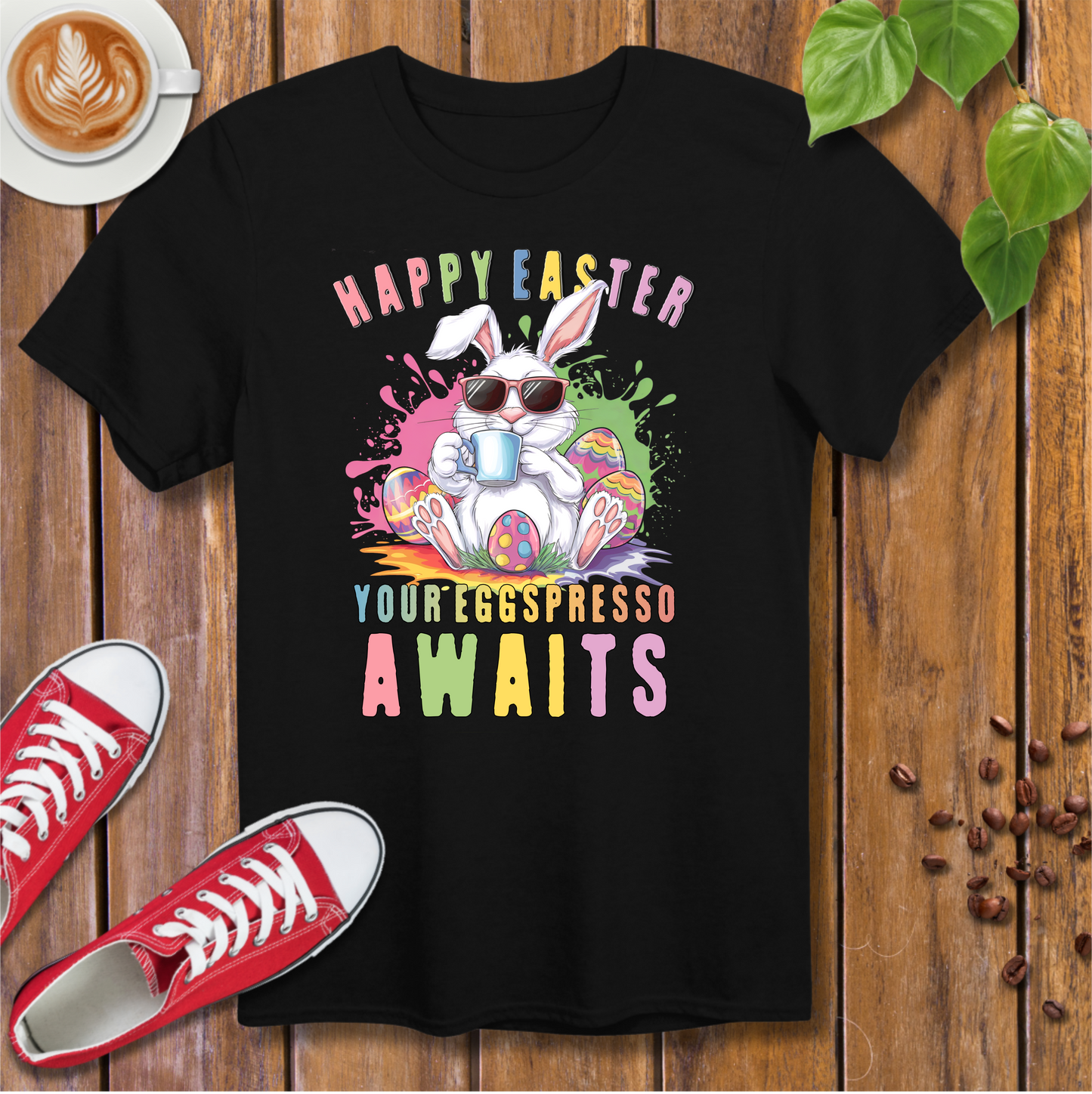 Happy Easter Coffee Style T-Shirt - Colorful Bunny Design with 'Your Eggspresso Awaits'