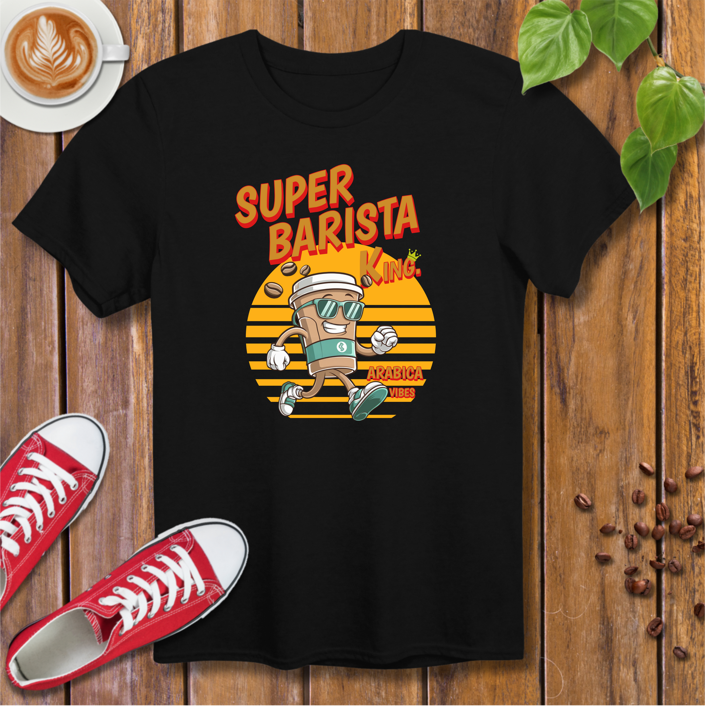 Vintage Style Coffee Cup Running Character T-Shirt – Cartoon Style, Fun Design