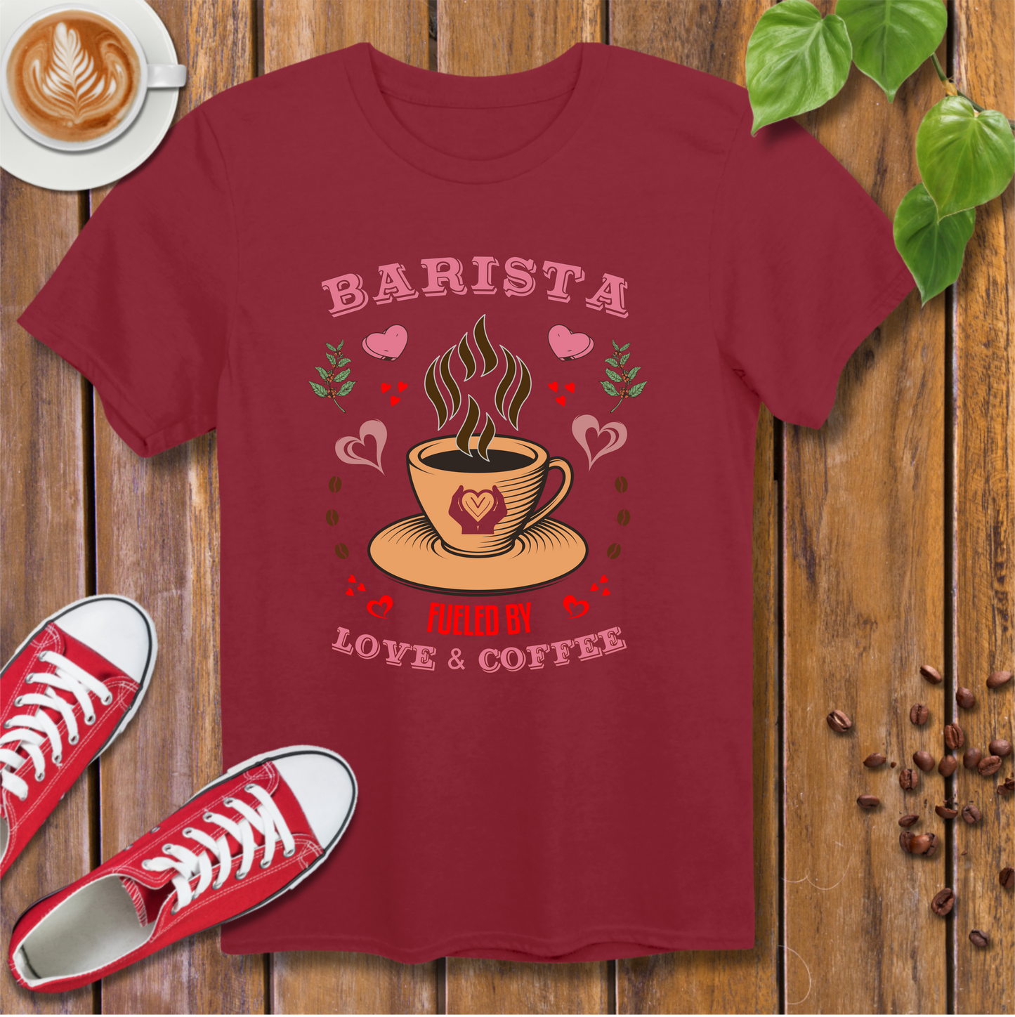 Barista T-Shirt - Fueled by Love & Coffee with Hearts and Beans Design