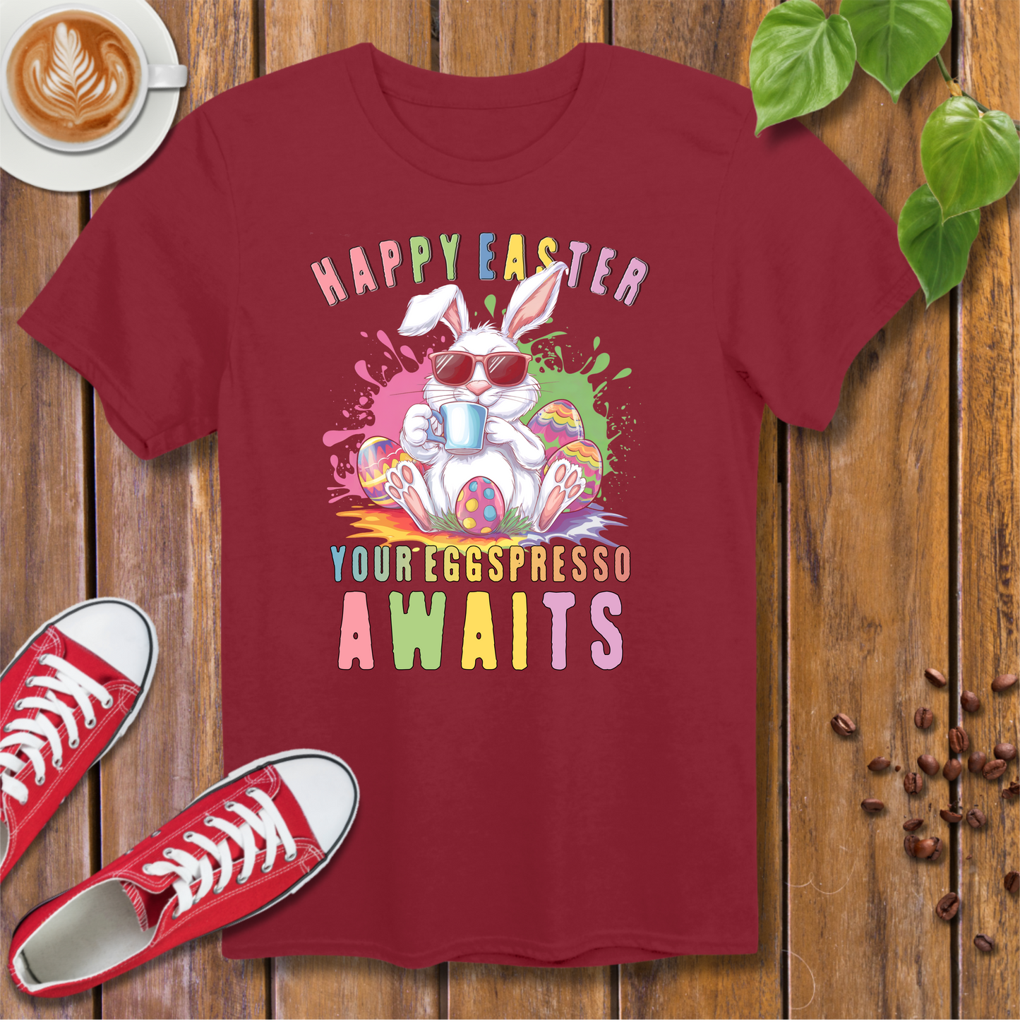 Happy Easter Coffee Style T-Shirt - Colorful Bunny Design with 'Your Eggspresso Awaits'
