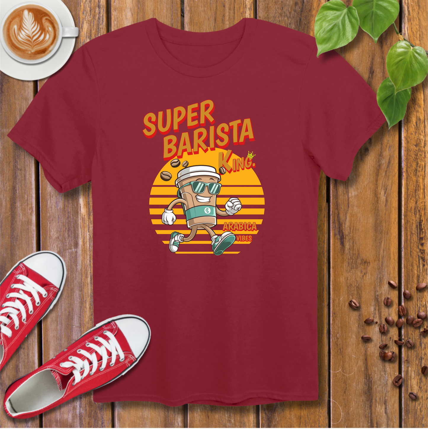 Vintage Style Coffee Cup Running Character T-Shirt – Cartoon Style, Fun Design