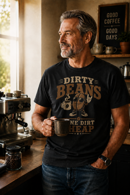 Dirty Beans Done Dirt Cheap T-Shirt – 70s Rock Music & Coffee Graphic Tee Design By Tomi