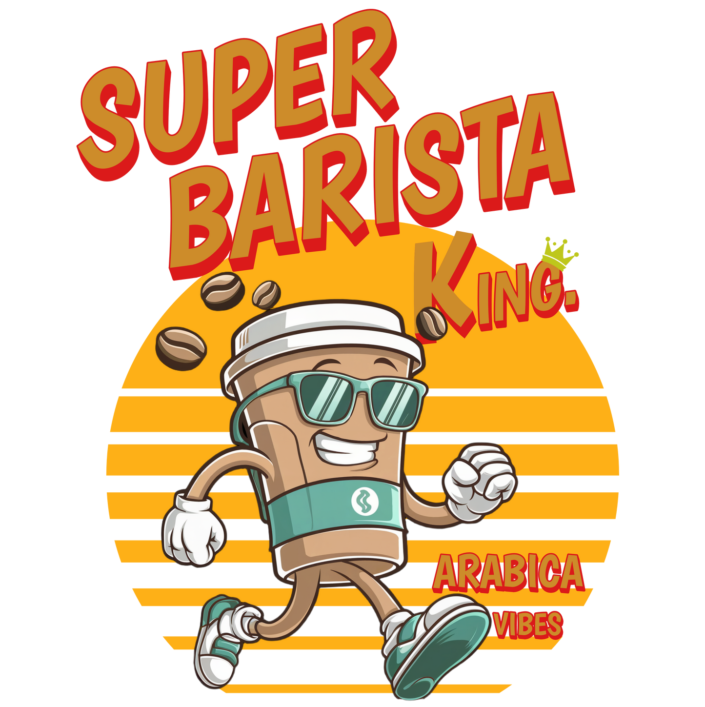 Vintage Style Coffee Cup Running Character T-Shirt – Cartoon Style, Fun Design