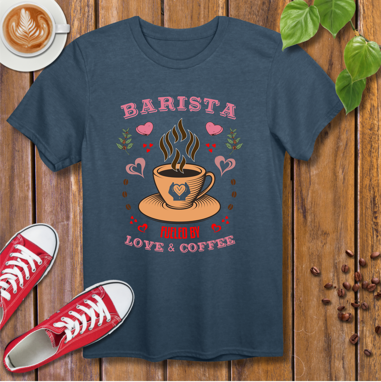 Barista T-Shirt - Fueled by Love & Coffee with Hearts and Beans Design