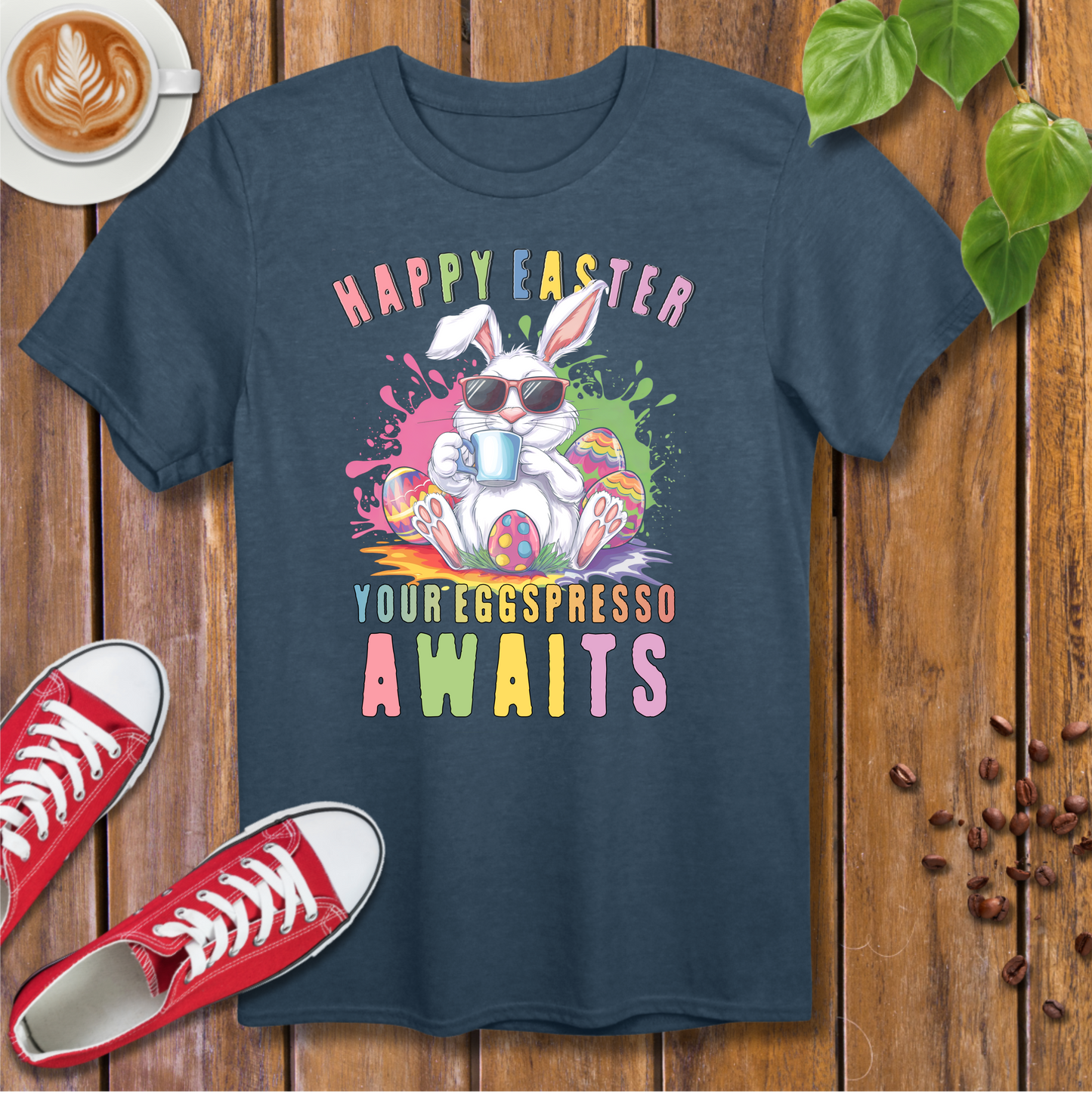 Happy Easter Coffee Style T-Shirt - Colorful Bunny Design with 'Your Eggspresso Awaits'