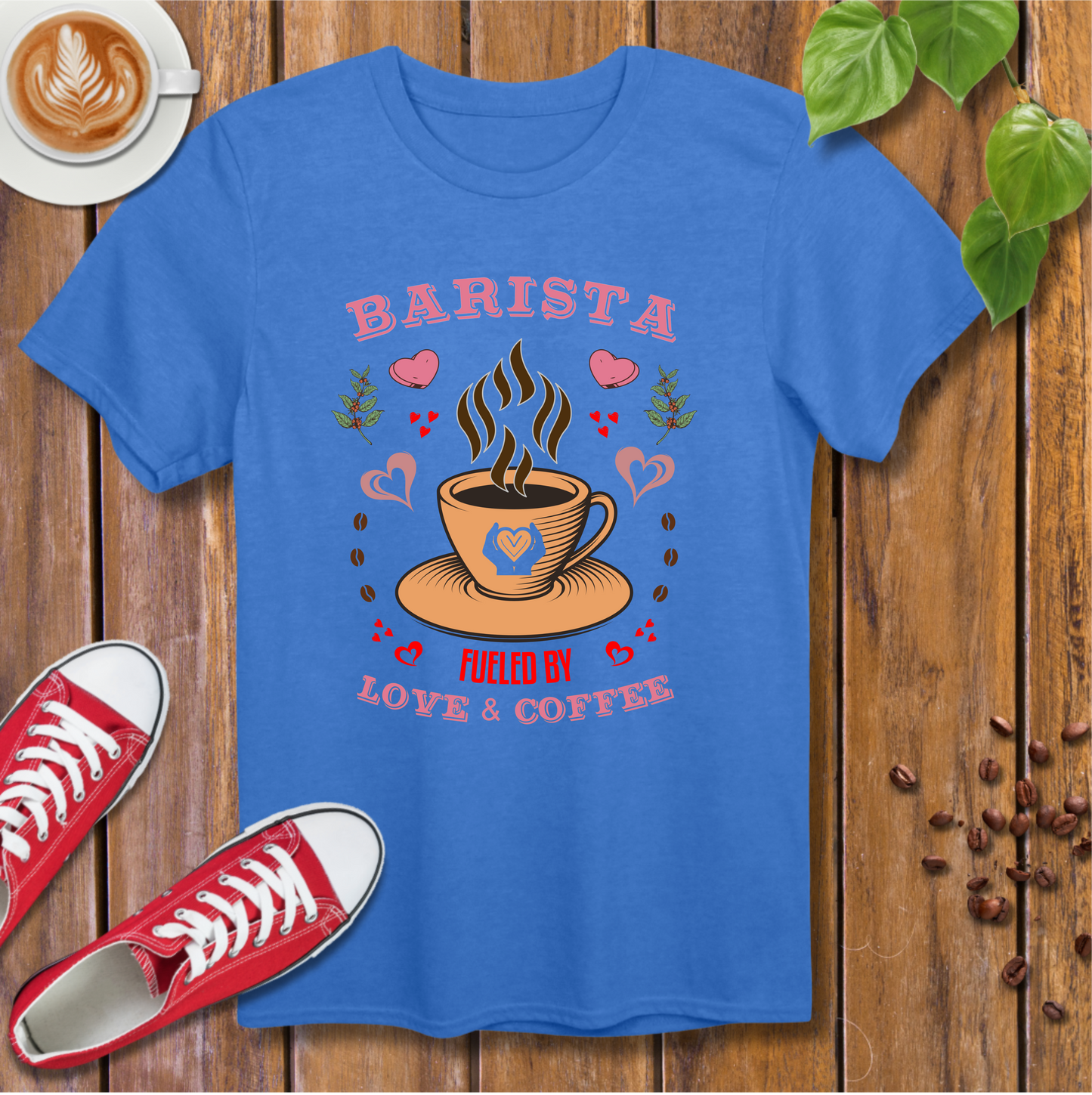 Barista T-Shirt - Fueled by Love & Coffee with Hearts and Beans Design
