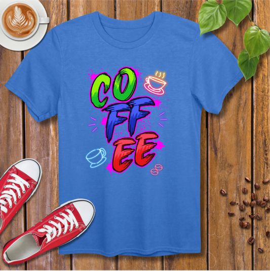 Vintage Neon Coffee T-Shirt – Colorful Paint Splatter Design