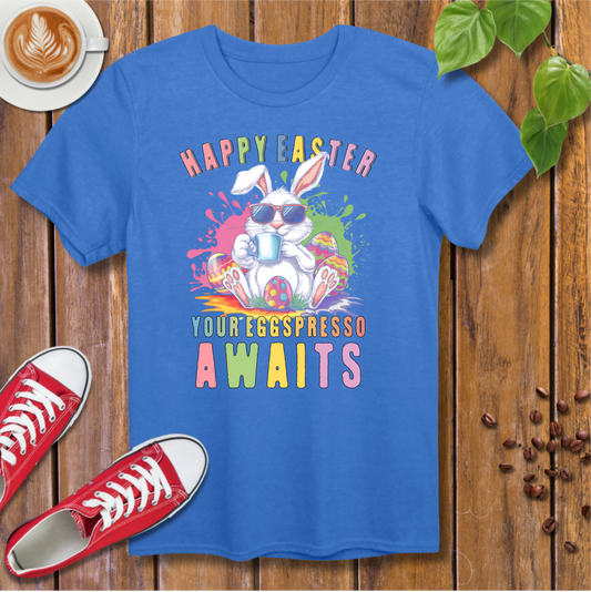 Happy Easter Coffee Style T-Shirt - Colorful Bunny Design with 'Your Eggspresso Awaits'