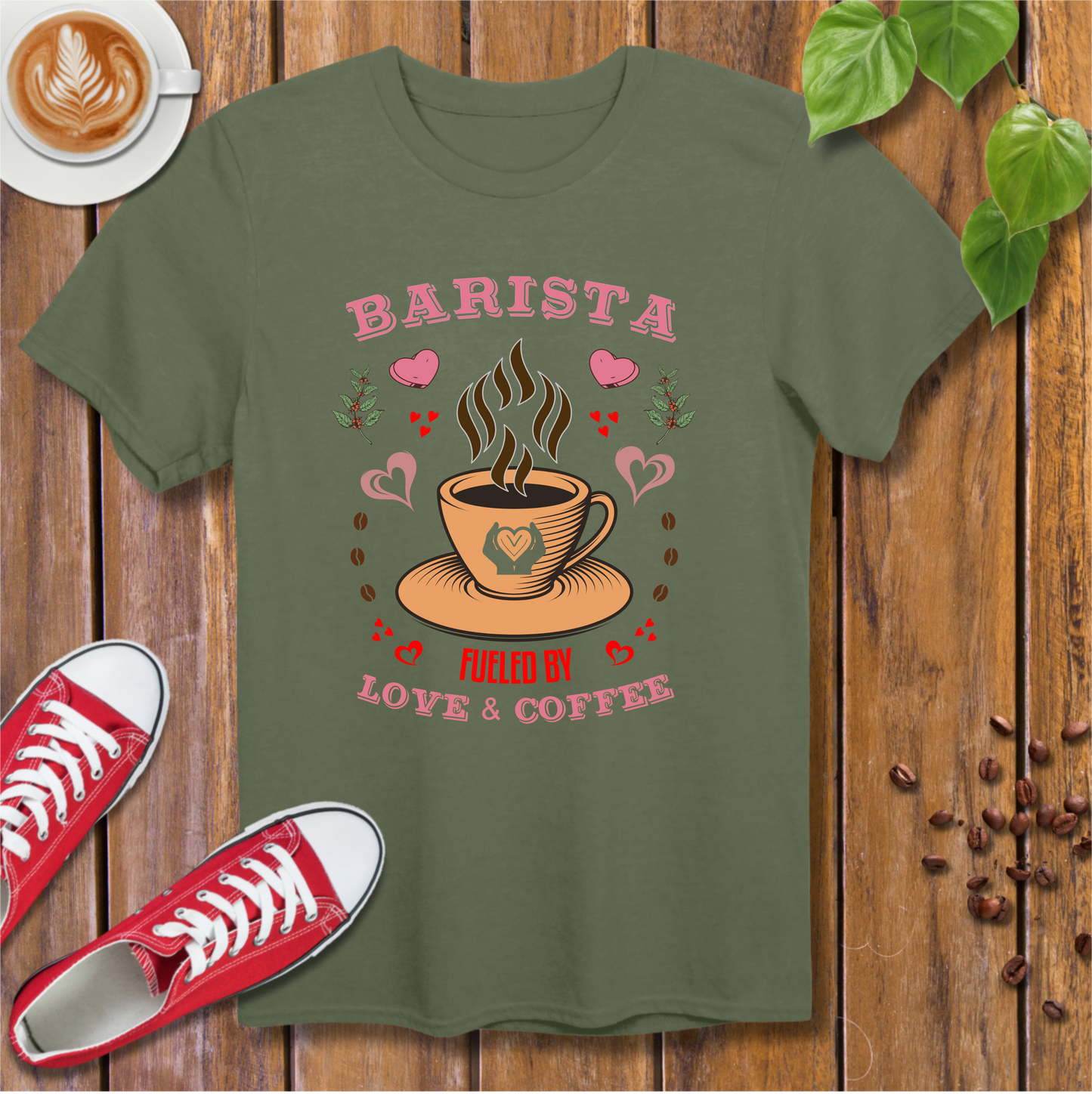 Barista T-Shirt - Fueled by Love & Coffee with Hearts and Beans Design