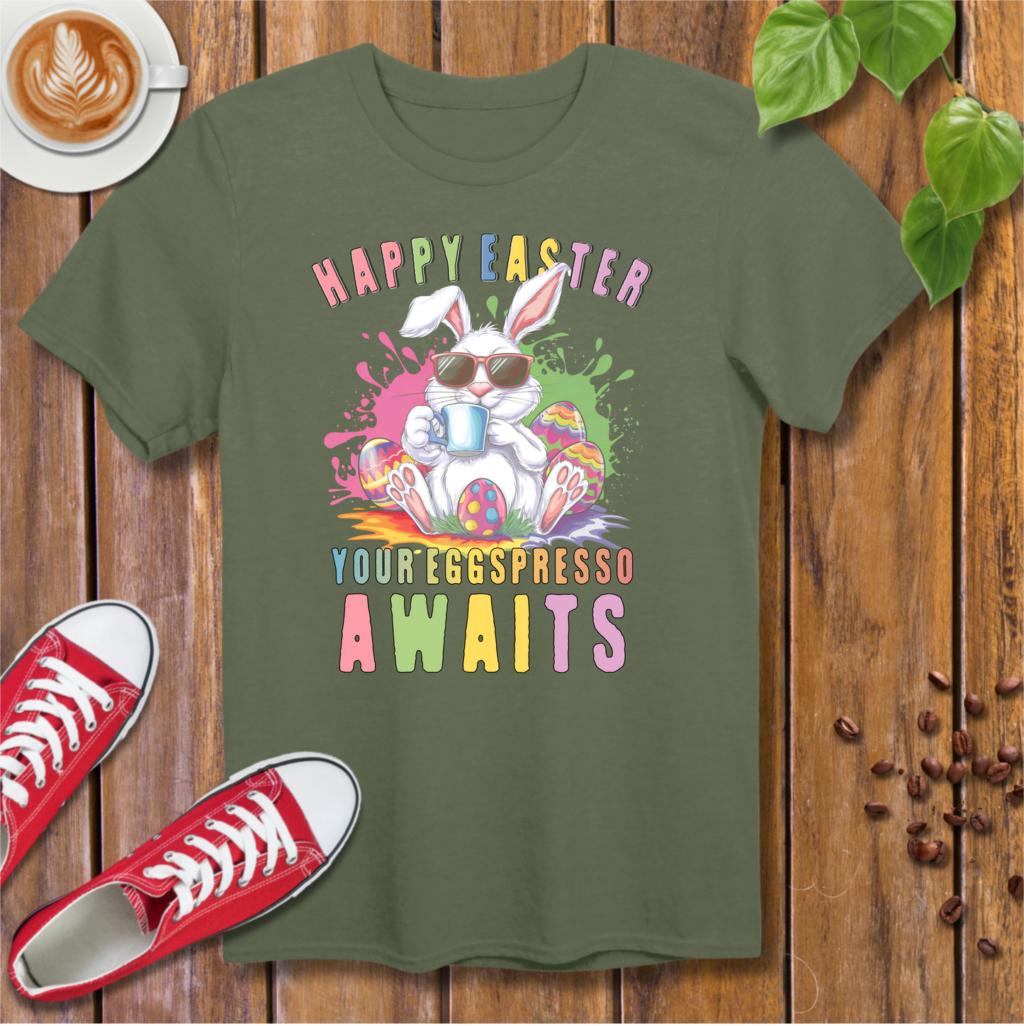 Happy Easter Coffee Style T-Shirt - Colorful Bunny Design with 'Your Eggspresso Awaits'