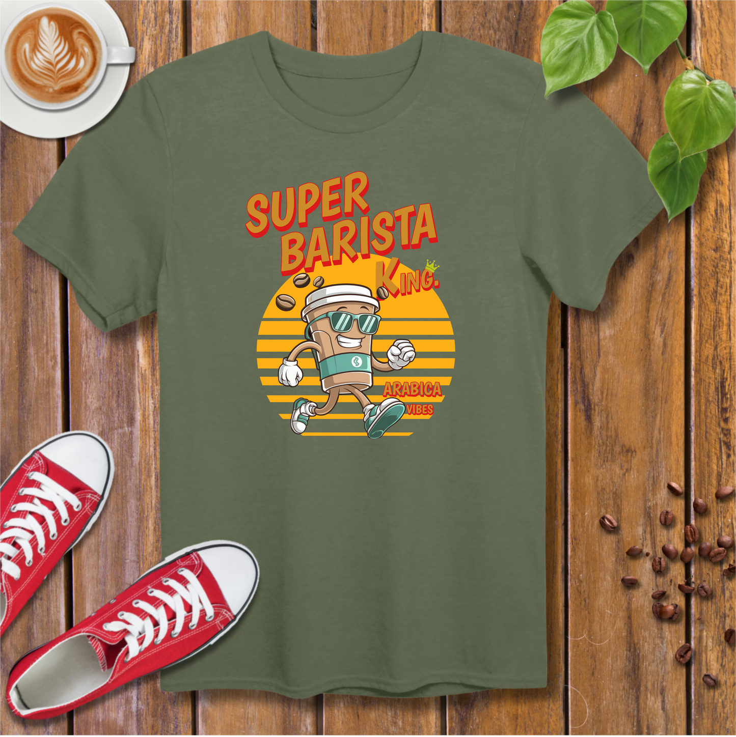 Vintage Style Coffee Cup Running Character T-Shirt – Cartoon Style, Fun Design