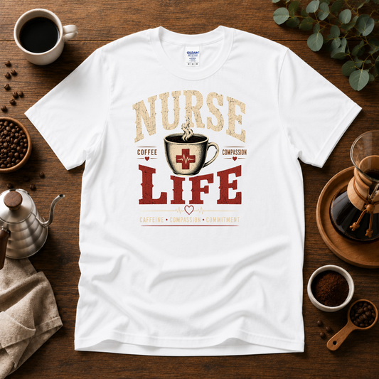 Nurse Life T-Shirt – Coffee and Compassion Graphic Tee for Nurses Design By Tomi