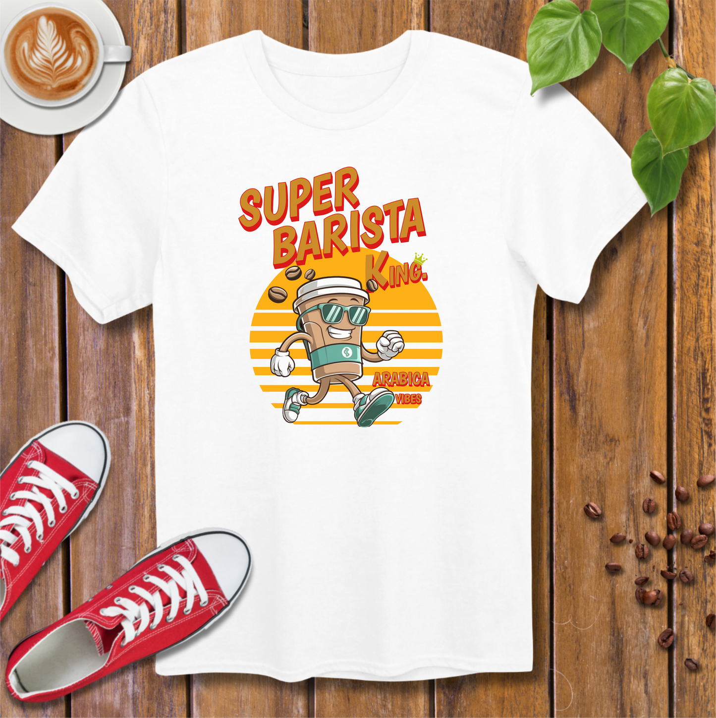 Vintage Style Coffee Cup Running Character T-Shirt – Cartoon Style, Fun Design