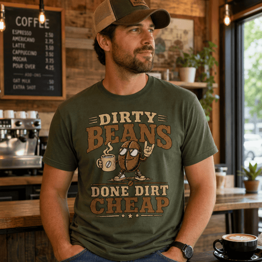 Dirty Beans Done Dirt Cheap T-Shirt – 70s Rock Music & Coffee Graphic Tee - Design By Tomi