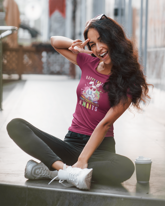 Happy Easter Coffee Style T-Shirt - Colorful Bunny Design with 'Your Eggspresso Awaits' Design By Tomi