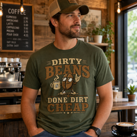 Dirty Beans Done Dirt Cheap T-Shirt – 70s Rock Music & Coffee Graphic Tee Design By Tomi