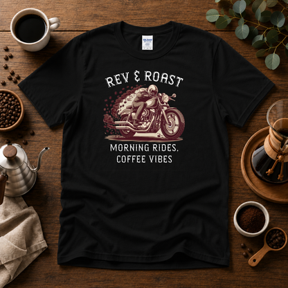 Rev & Roast Motorcycle and Coffee T-Shirt – Cafe Racer Design, Unisex Casual Wear Tee