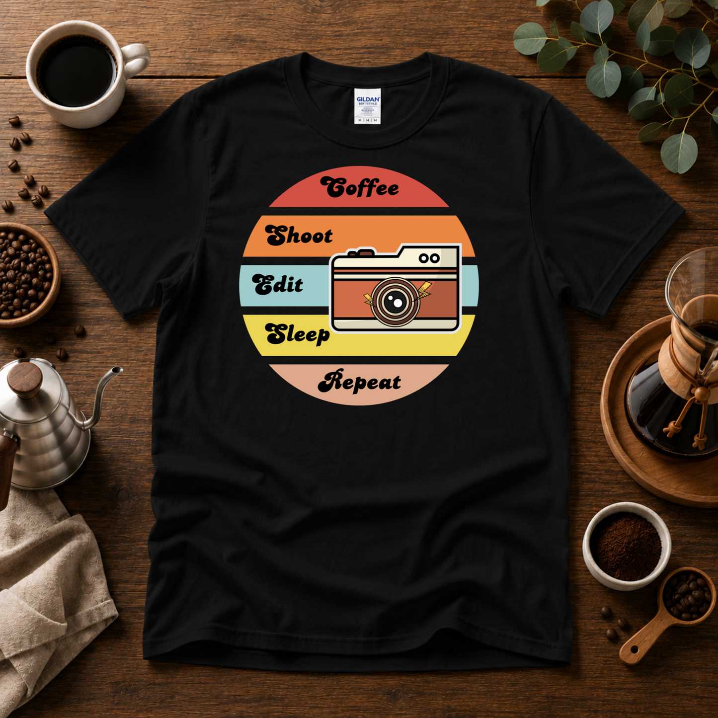 Coffee, Shoot, Edit, Sleep, Repeat T-shirt, Retro Sunset, Casual Unisex Wear, Short Sleeve Crewneck Shirt.