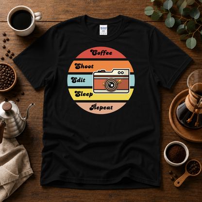 Coffee, Shoot, Edit, Sleep, Repeat T-shirt, Retro Sunset, Casual Unisex Wear, Short Sleeve Crewneck Shirt.