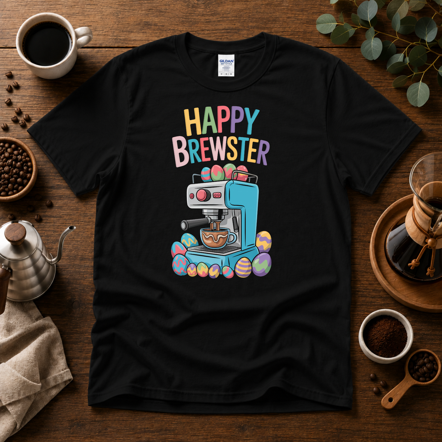 Happy Brewster Coffee Style T-Shirt - Colorful Coffee Design with 'Happy Brewster'