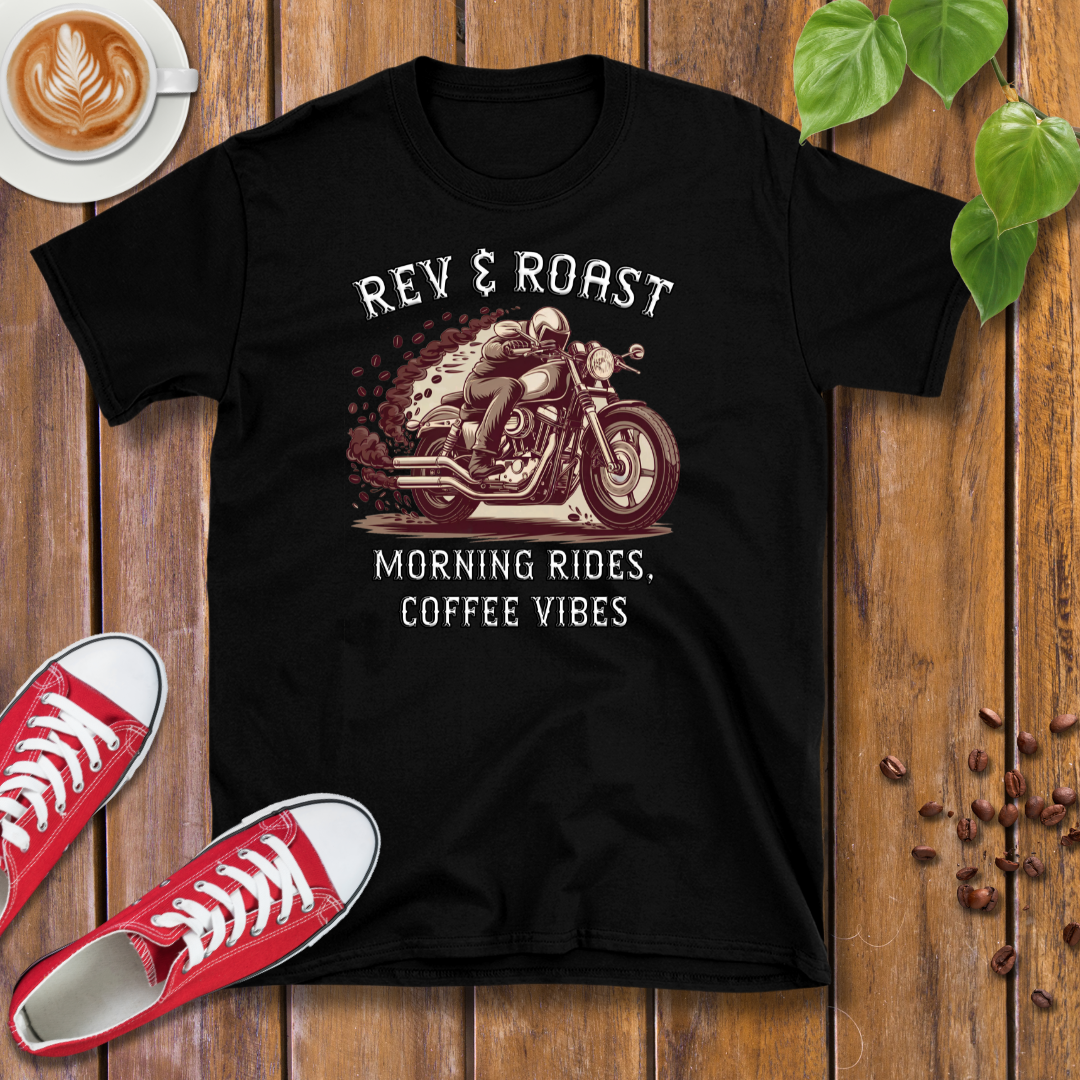 Rev & Roast Motorcycle and Coffee T-Shirt – Cafe Racer Design, Unisex Casual Wear Tee