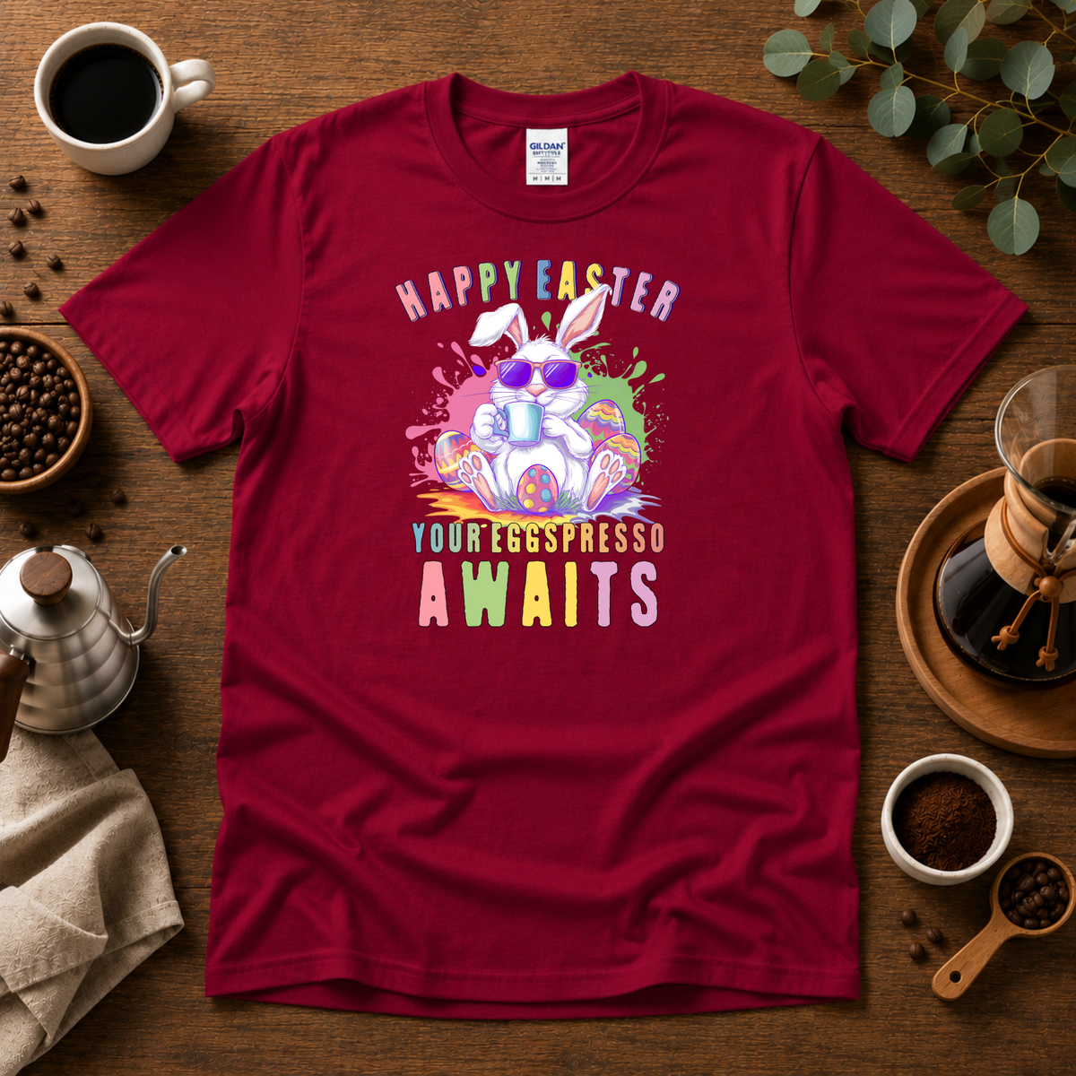 Happy Easter Coffee Style T-Shirt - Colorful Bunny Design with 'Your Eggspresso Awaits' Design By Tomi
