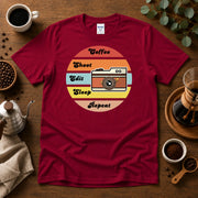 Coffee, Shoot, Edit, Sleep, Repeat T-shirt, Retro Sunset T-Shirt Design By Tomi