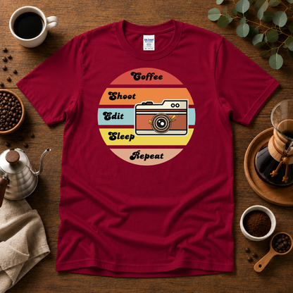 Coffee, Shoot, Edit, Sleep, Repeat T-shirt, Retro Sunset, Casual Unisex Wear, Short Sleeve Crewneck Shirt.