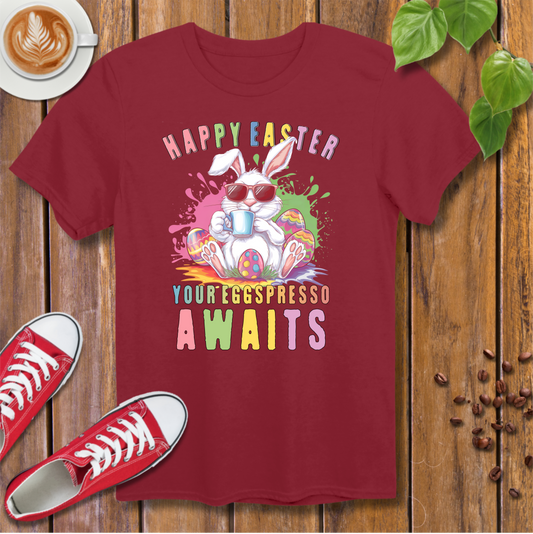 Happy Easter Coffee Style T-Shirt - Colorful Bunny Design with 'Your Eggspresso Awaits'