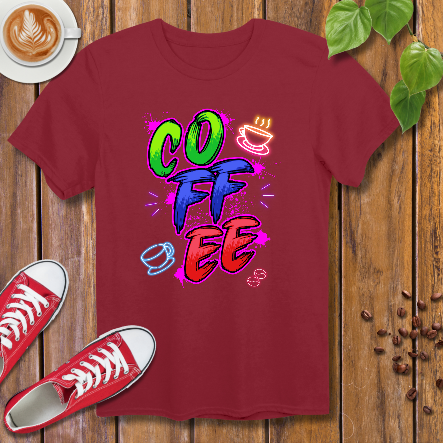Vintage Neon Coffee T-Shirt – Colorful Paint Splatter Design