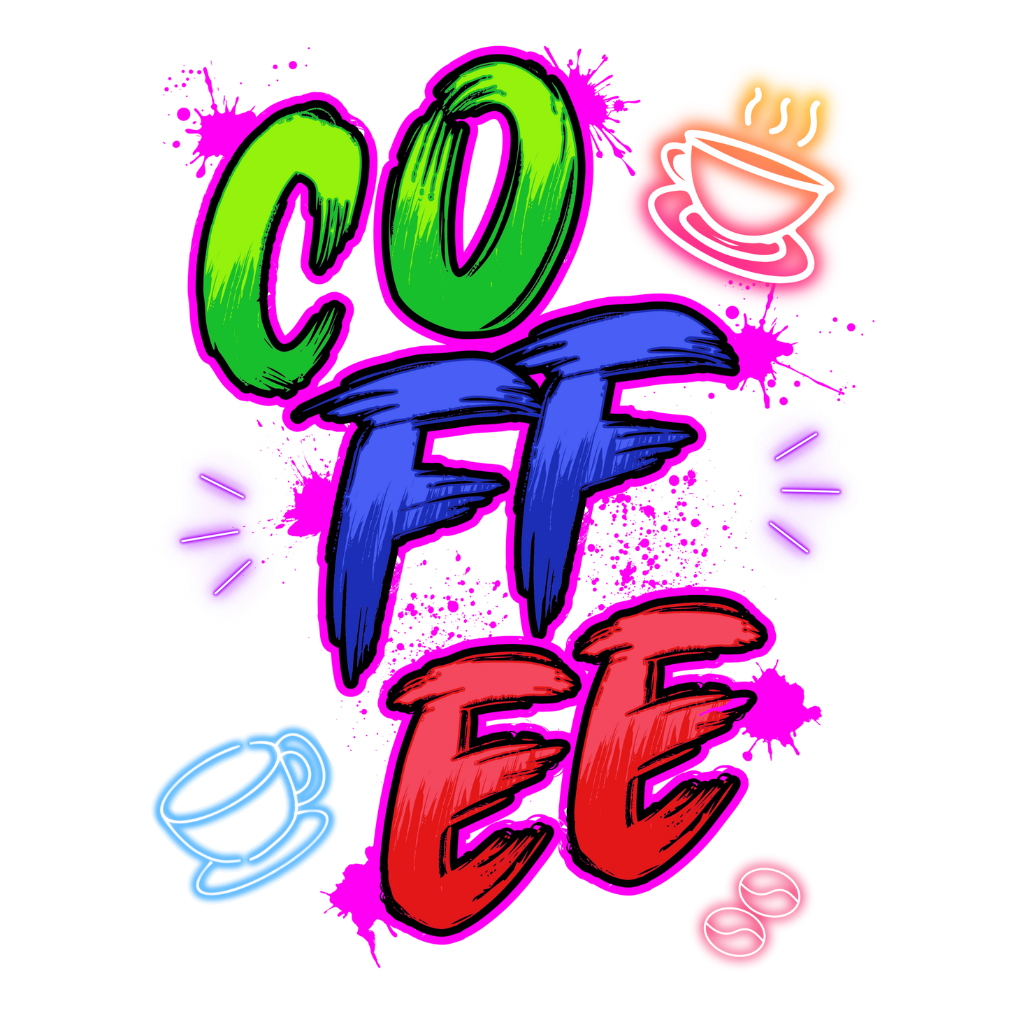Vintage Neon Coffee T-Shirt – Colorful Paint Splatter Design