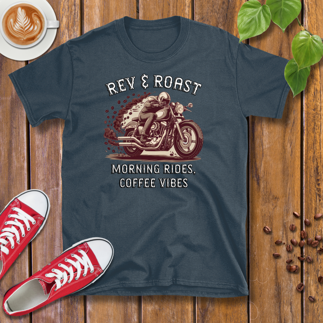 Rev & Roast Motorcycle and Coffee T-Shirt – Cafe Racer Design, Unisex Casual Wear Tee