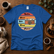 Coffee, Shoot, Edit, Sleep, Repeat T-shirt, Retro Sunset T-Shirt Design By Tomi