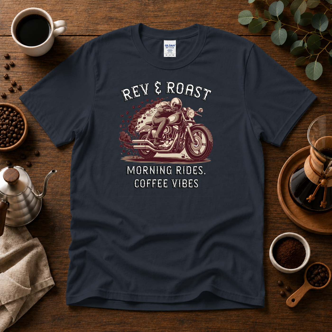 Rev & Roast Motorcycle and Coffee T-Shirt Design By Tomi