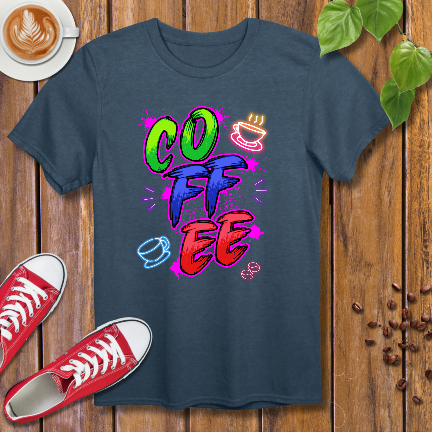 Vintage Neon Coffee T-Shirt – Colorful Paint Splatter Design