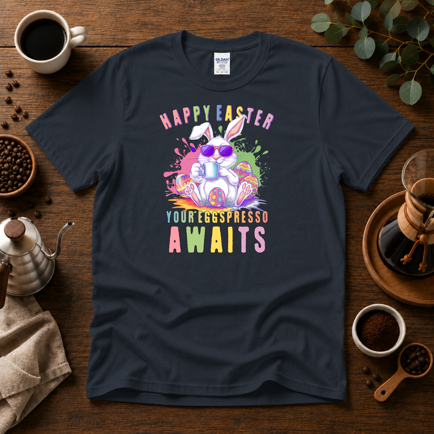 Happy Easter Coffee Style T-Shirt - Colorful Bunny Design with 'Your Eggspresso Awaits'