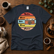 Coffee, Shoot, Edit, Sleep, Repeat T-shirt, Retro Sunset T-Shirt Design By Tomi
