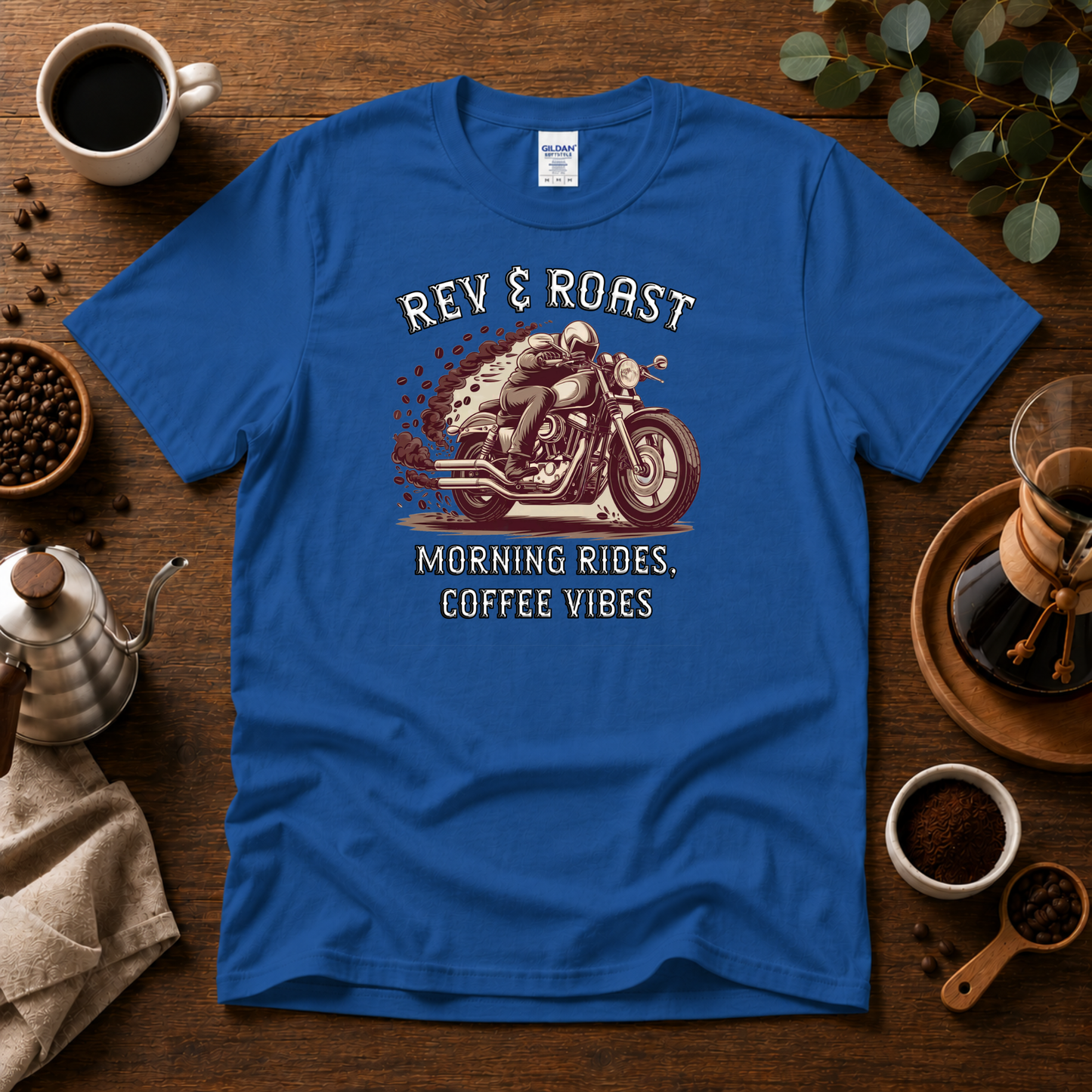 Rev & Roast Motorcycle and Coffee T-Shirt – Cafe Racer Design, Unisex Casual Wear Tee