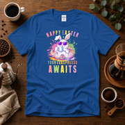 Happy Easter Coffee Style T-Shirt - Colorful Bunny Design with 'Your Eggspresso Awaits' Design By Tomi
