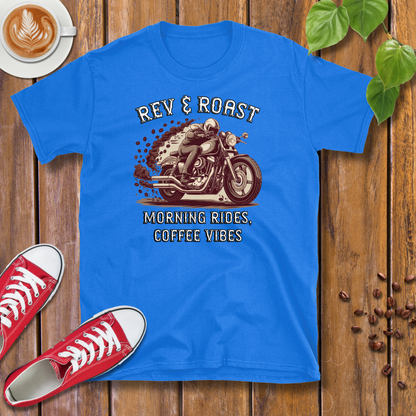 Rev & Roast Motorcycle and Coffee T-Shirt – Cafe Racer Design, Unisex Casual Wear Tee