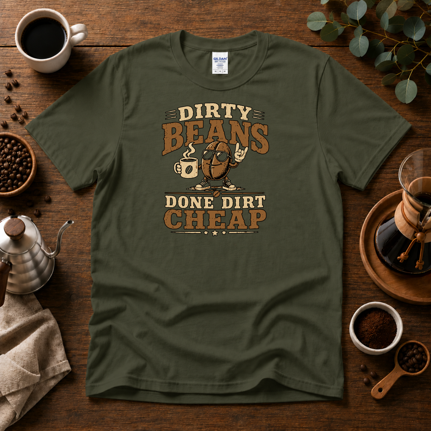 Dirty Beans Done Dirt Cheap T-Shirt – 70s Rock Music & Coffee Graphic Tee