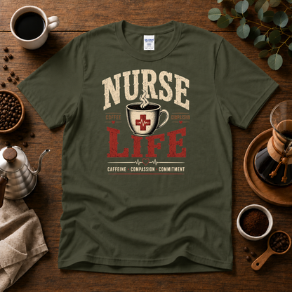 Nurse Life T-Shirt – Coffee and Compassion Graphic Tee for Nurses