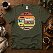 Coffee, Shoot, Edit, Sleep, Repeat T-shirt, Retro Sunset T-Shirt Design By Tomi