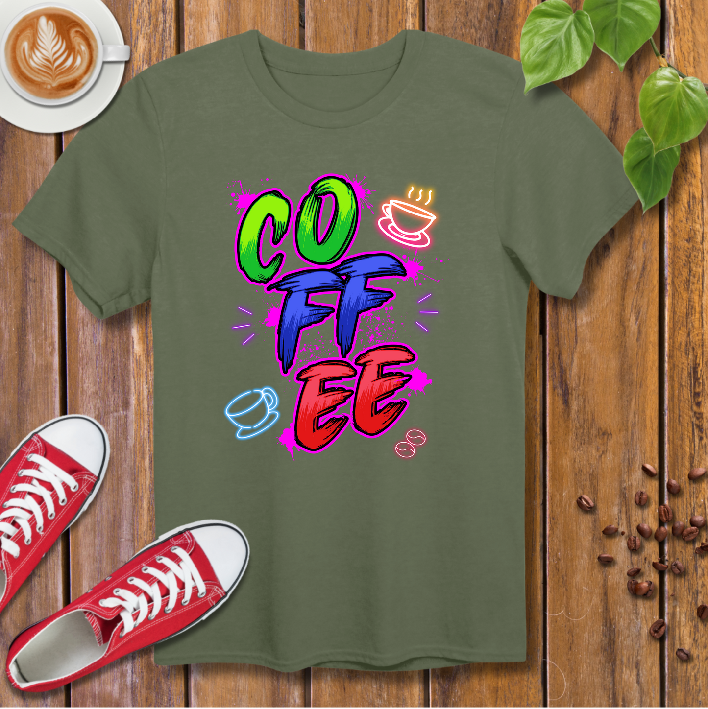Vintage Neon Coffee T-Shirt – Colorful Paint Splatter Design