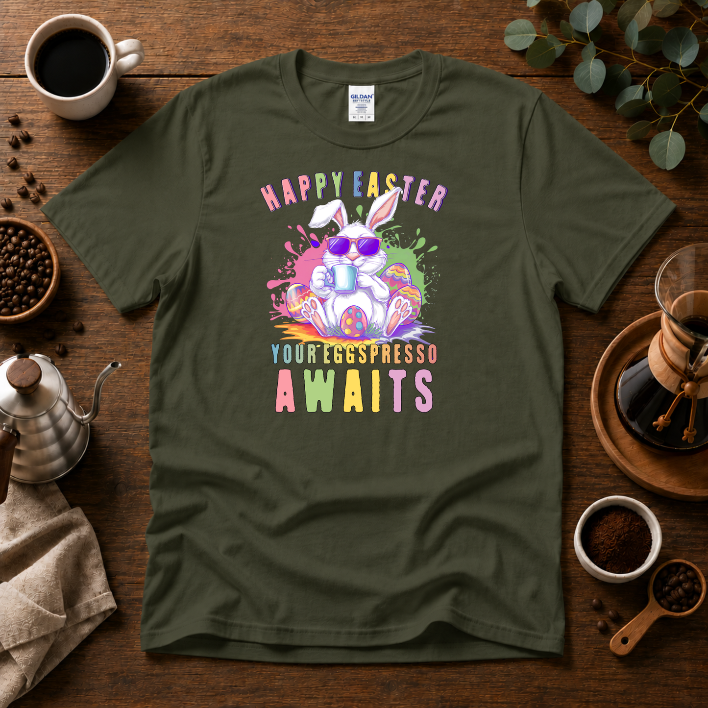 Happy Easter Coffee Style T-Shirt - Colorful Bunny Design with 'Your Eggspresso Awaits'