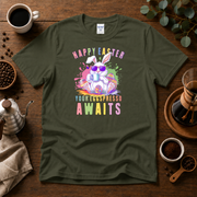 Happy Easter Coffee Style T-Shirt - Colorful Bunny Design with 'Your Eggspresso Awaits' Design By Tomi