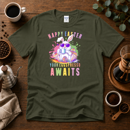 Happy Easter Coffee Style T-Shirt - Colorful Bunny Design with 'Your Eggspresso Awaits'