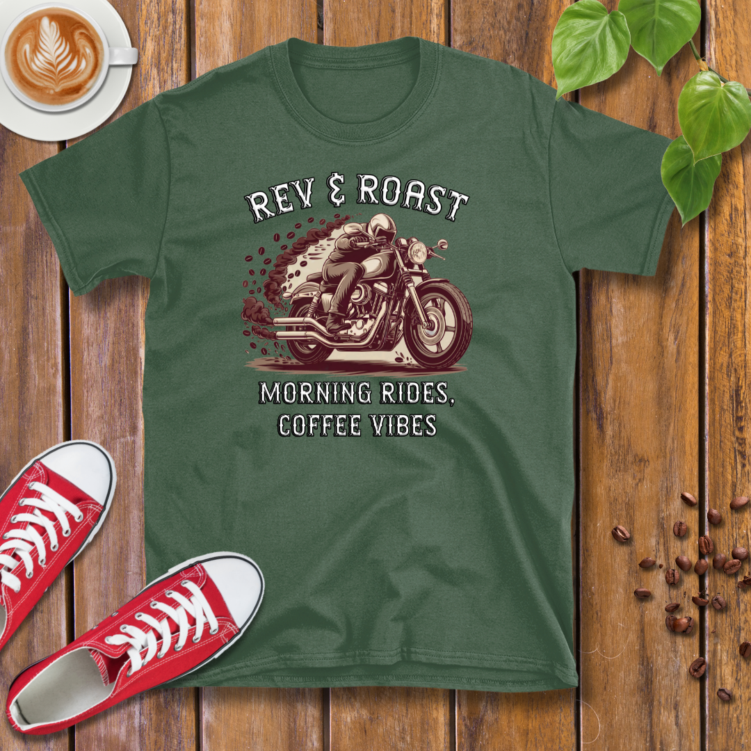 Rev & Roast Motorcycle and Coffee T-Shirt – Cafe Racer Design, Unisex Casual Wear Tee